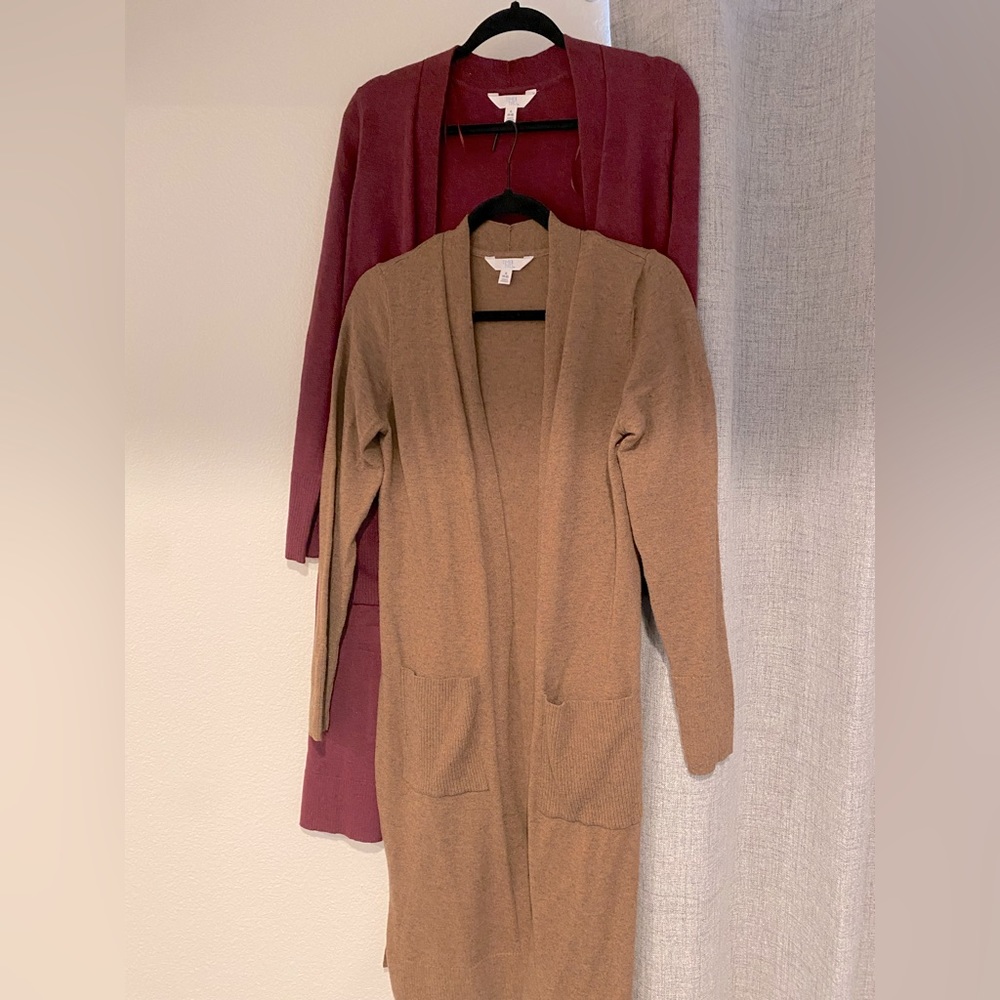 Cardigans, Length 39 inches two side slit’s. Brown worn once, Purple NWT.